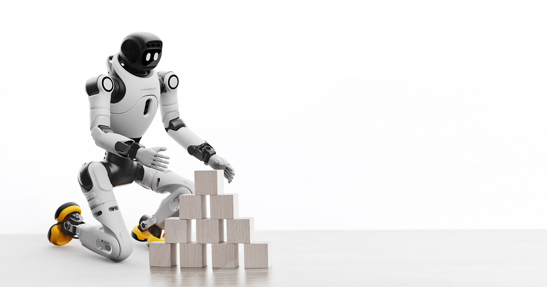 AGIBOT X2 выполняет движение рядом с деревянными кубиками